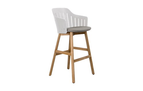 Choice Outdoor Wood Bar Chair by Cane-Line - White PP Seat, Taupe Natte Seat Cushion.