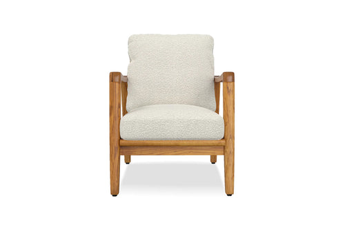 Craftsman Occasional Chair by Mobital, showing front view of craftsman occasional chairs in natural ash wood/cream bouble fabric.