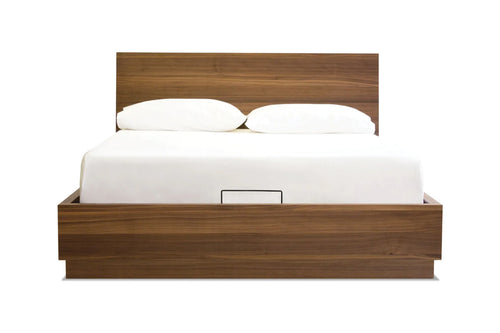 Della Storage Bed by Mobital, showing front view of della storage bed in natural walnut veneer.