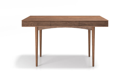 Groove Desk by DK3, showing front view of groove desk in smoked oak.