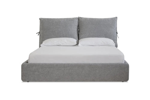 Plume Bed by Mobital, showing front view of plume bed in grey chenille.