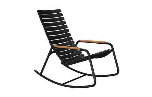 Reclips Outdoor Rocking Chair by Houe - Black Powder Coated Aluminum, Bamboo Armrests.