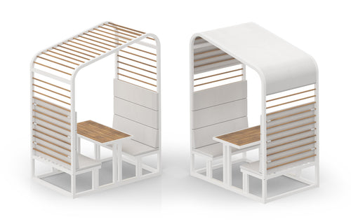 Sombrero Dining Booth by Mamagreen - Gloss Category B, Smooth Sanded Recycled Teak Wood Trellis, White Sunbrella Shade/Cushion.