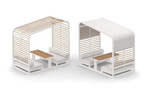 Sombrero Lounge Booth by Mamagreen - Gloss Category B, Smooth Sanded Recycled Teak Wood Trellis, White Sunbrella Shade/Cushion.