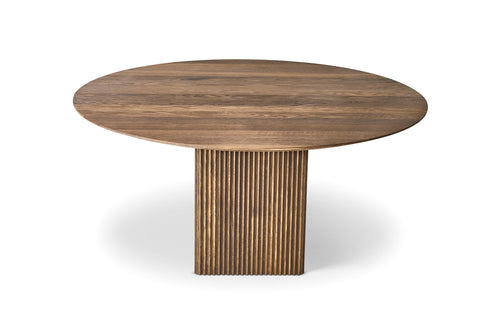 Ten Round Table With Fixed Tabletop by DK3, showing front view of ten round table with fixed tabletop in smoked oak wood.
