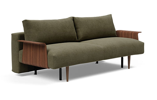 Frode Dark Styletto Sofa Bed Walnut Arms by Innovation - 316 Cordufine Pine Green.