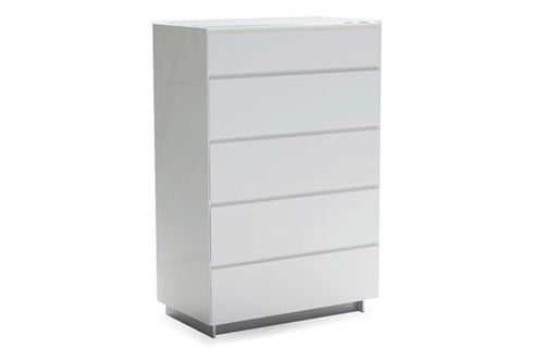 Savvy 5-Drawer Chest by Mobital - High Gloss White/White Glass Top with Silver Base.