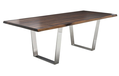 Versailles Dining Table by Nuevo - Seared Oak Top with Polished Stainless Legs.