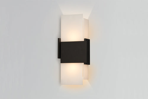 Acuo Outdoor LED Sconce by Cerno, showing side view of acuo outdoor led sconce in textured black powdercoat shade.