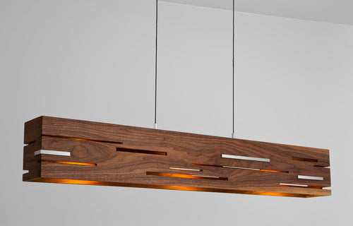 Aeris LED Linear Pendant by Cerno - Brushed Aluminum Metal + Walnut Wood.