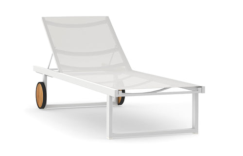 Allux Wooden Wheels Lounger by Mamagreen - Sand Category A, White Standard Batyline.