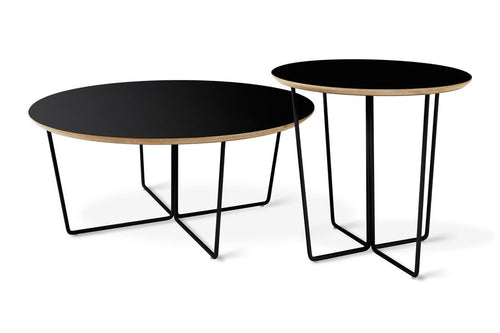 Array End Table by Gus Modern. showing array end table with array round coffee table in black.