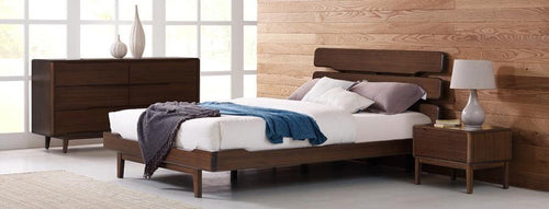 Currant Platform Bed by Greenington, showing platform bed with storage & nightstand in live shot.