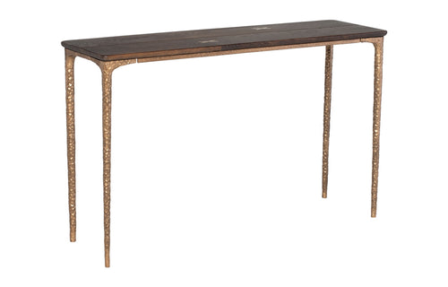 Kulu Console Table by Nuevo - Bronze Cast Iron Legs/Seared Oak Top.