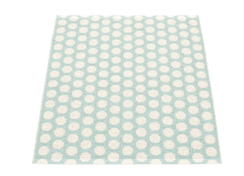 Noa Pale Turquoise & Vanilla With Warm Grey Edge Runner Rug by Pappelina, showing back view of noa runner rug.