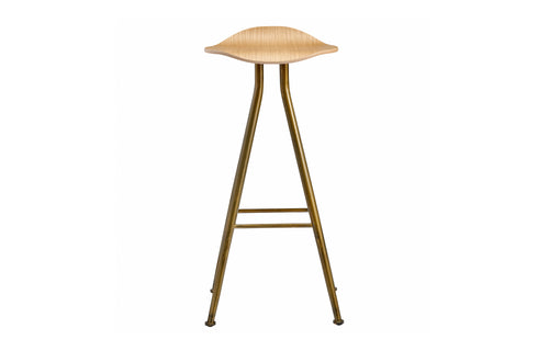 Barfly High Bar Stool by Norr11 - Brass Iron Legs, Natural Solid Oak, No Upholstery.
