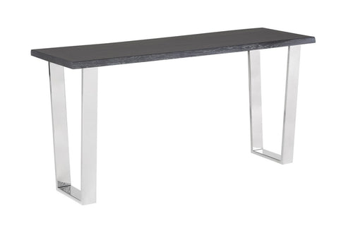 Versailles Console Table by Nuevo - Oxidized Grey Oak Top with Polished Stainless Legs.