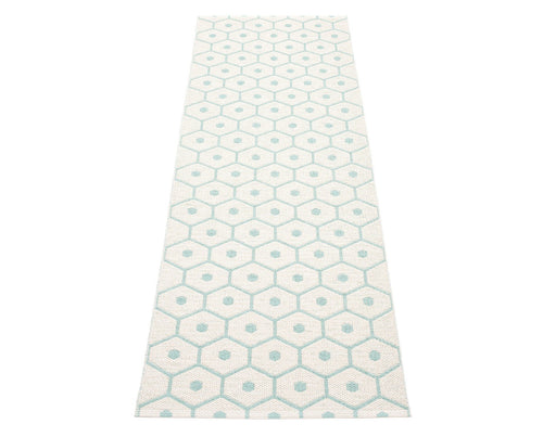Honey Pale Turquoise & Vanilla Runner Rug by Pappelina, showing back view of honey pale turquoise & vanilla runner rug.