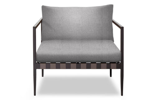 Pier Arm Chair by Harbour - Asteroid Aluminum + Taupe Woven Strap/Sunbrella Cast Slate.