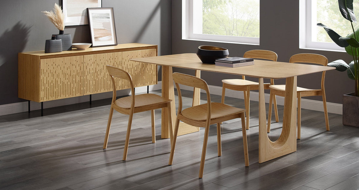 Greenington Hanna bamboo dining table with matching chairs and sideboard in a modern dining room