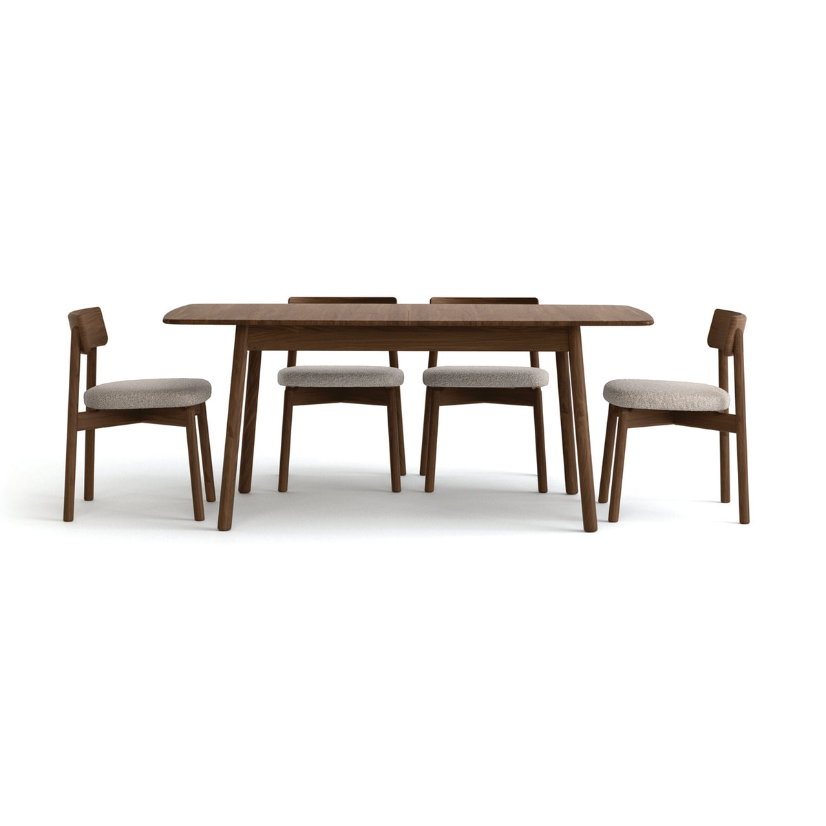 Baton Four Leg Extension Table by Copeland Furniture, showing front view of baton four leg extension table with chair.