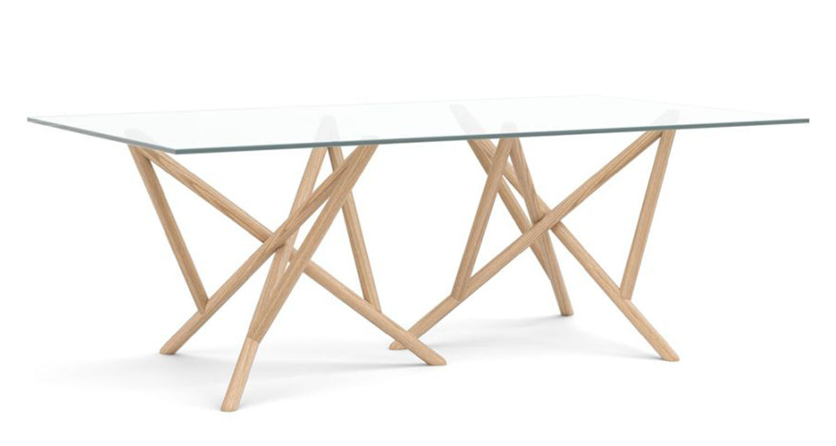 Baton Glass Top Rectangular Tables by Copeland Furniture, showing angle view of baton glass top rectangular tables.