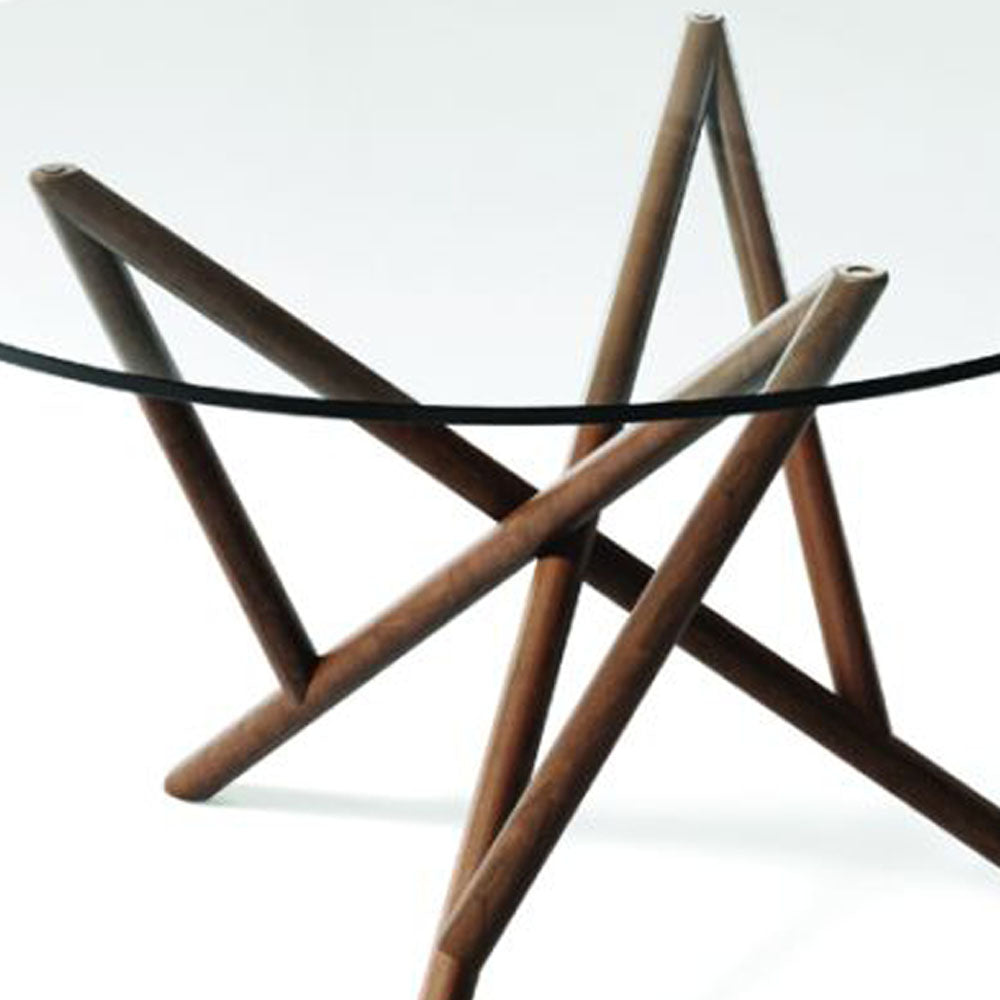 Baton Glass Top Round Tables  by Copeland Furniture, showing closeup view of baton glass top round tables.