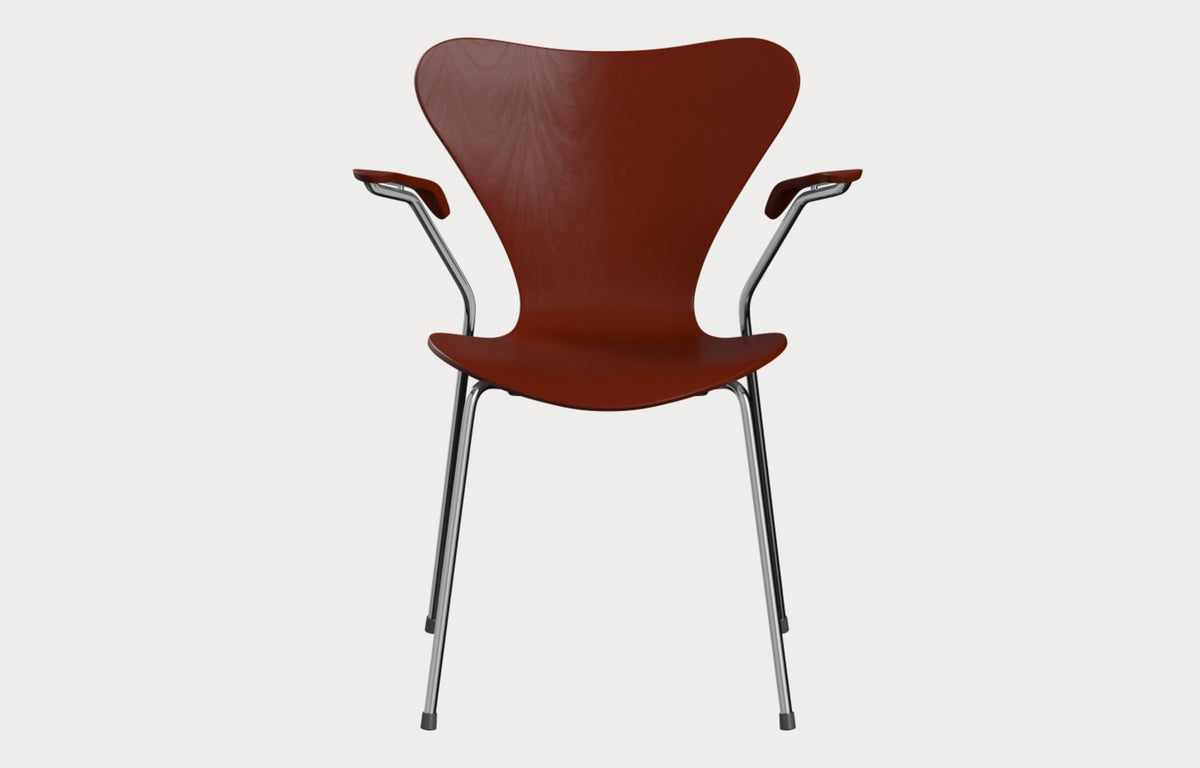 Series 7 Chair by Fritz Hansen - With Arm, Colored Ash Veneer Wood Shell Group, Chrome Powder Coated Steel.