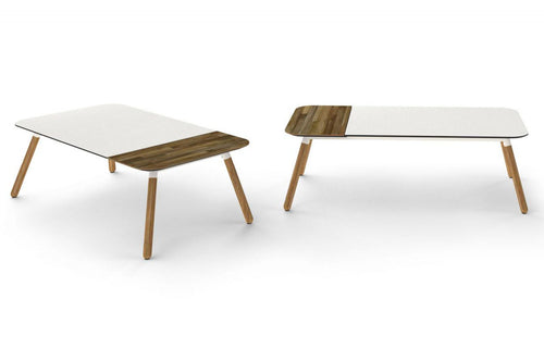 Daisy Chat Table Rectangular Teak Legs by Mamagreen - White Sand Aluminum, Alpes White HPL.