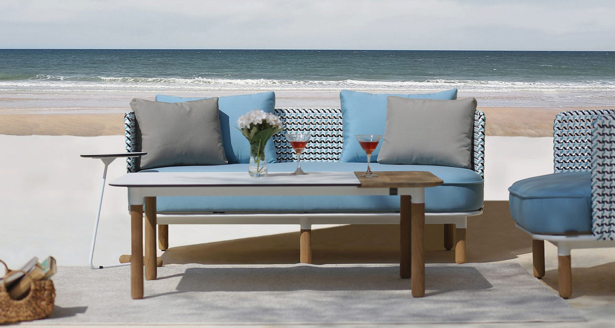 Daisy Chat Table Rectangular Teak Legs by Mamagreen, showing daisy chat table rectangular teak legs  in live shot.