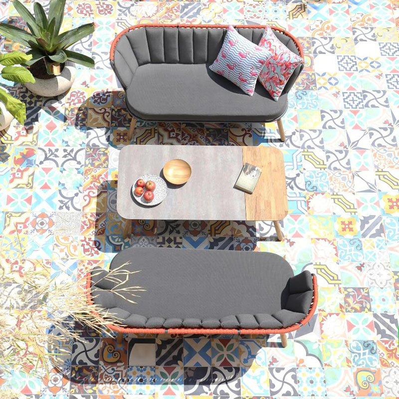 Daisy Chat Table Rectangular Teak Legs by Mamagreen, showing daisy chat table rectangular teak legs  in live shot.
