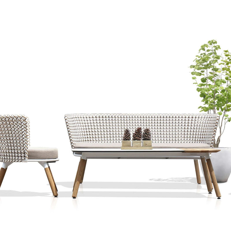 Daisy Chat Table Rectangular Teak Legs by Mamagreen, showing daisy chat table rectangular teak legs  in live shot.