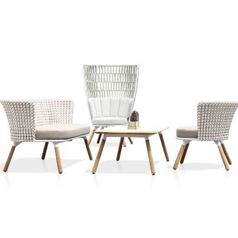 Daisy Chat Table Square Teak Legs by Mamagreen, showing daisy chat table square teak legs in live shot.