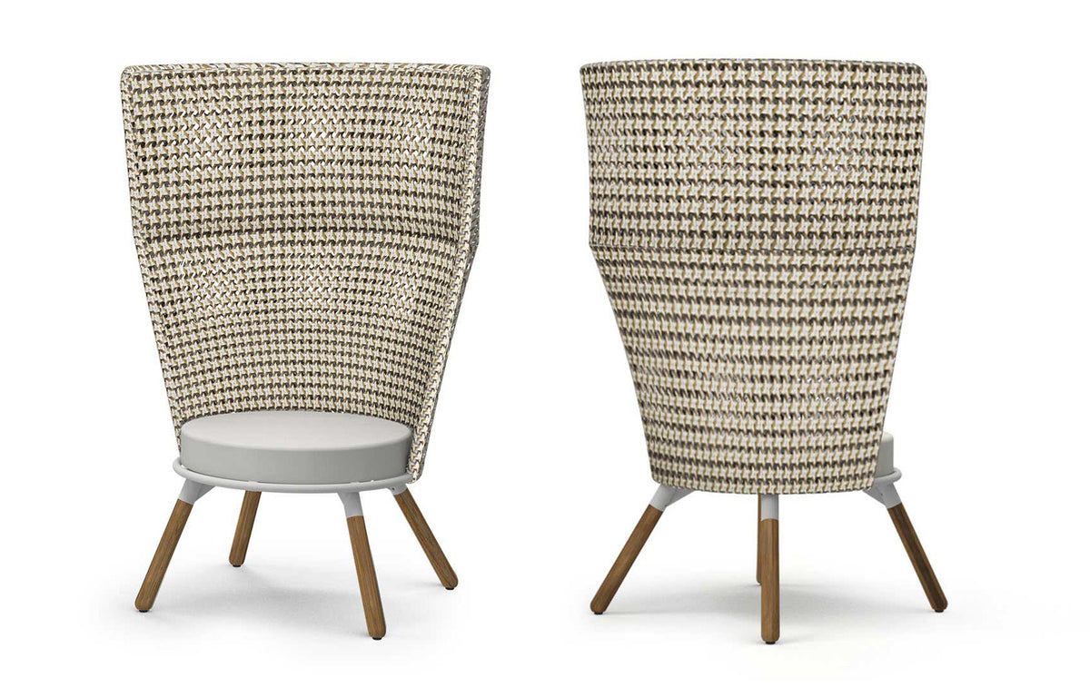 Daisy Mae Chat Chair High Back (Teak Legs)) by Mamagreen - Performance Textiles (Grade A), White Sand Aluminum.