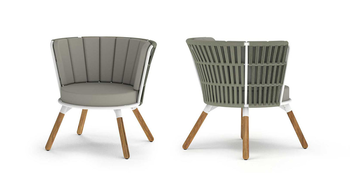Daisy Rae Chat Chair (Teak Legs) by Mamagreen, showing front view of daisy rae chat chair (teak legs).