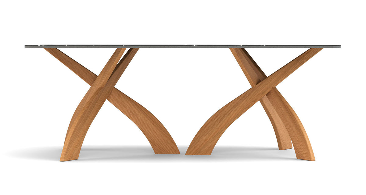 Entwine Sintered Stone Top Boat Shaped Table by Copeland Furniture, showing front view of entwine sintered stone top boat shaped table.