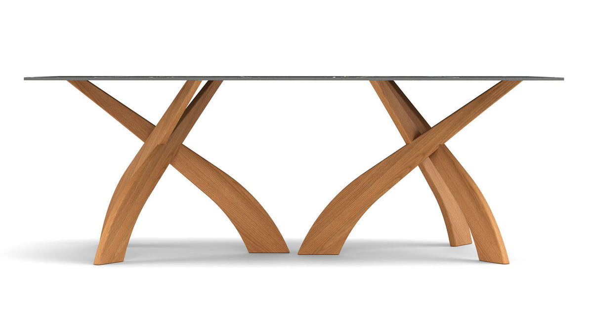 Entwine Sintered Stone Top Rectangular Table by Copeland Furniture, showing front view of entwine sintered stone top rectangular table