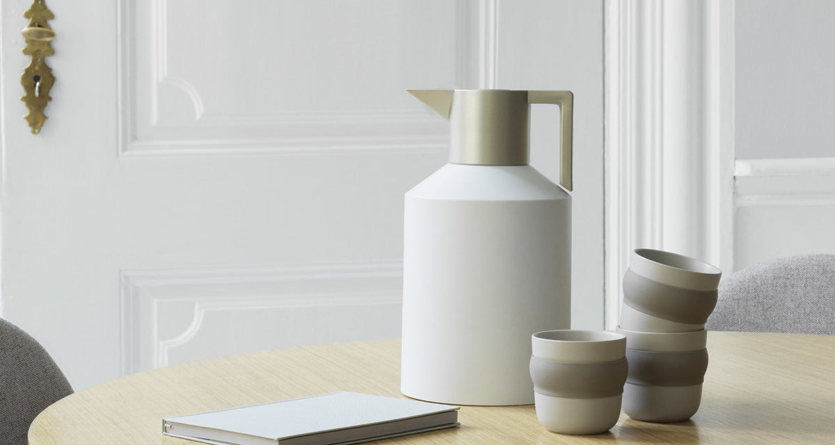 Geo Vacuum Jug by Normann Copenhagen, showing geo vacuum jug in live shot.