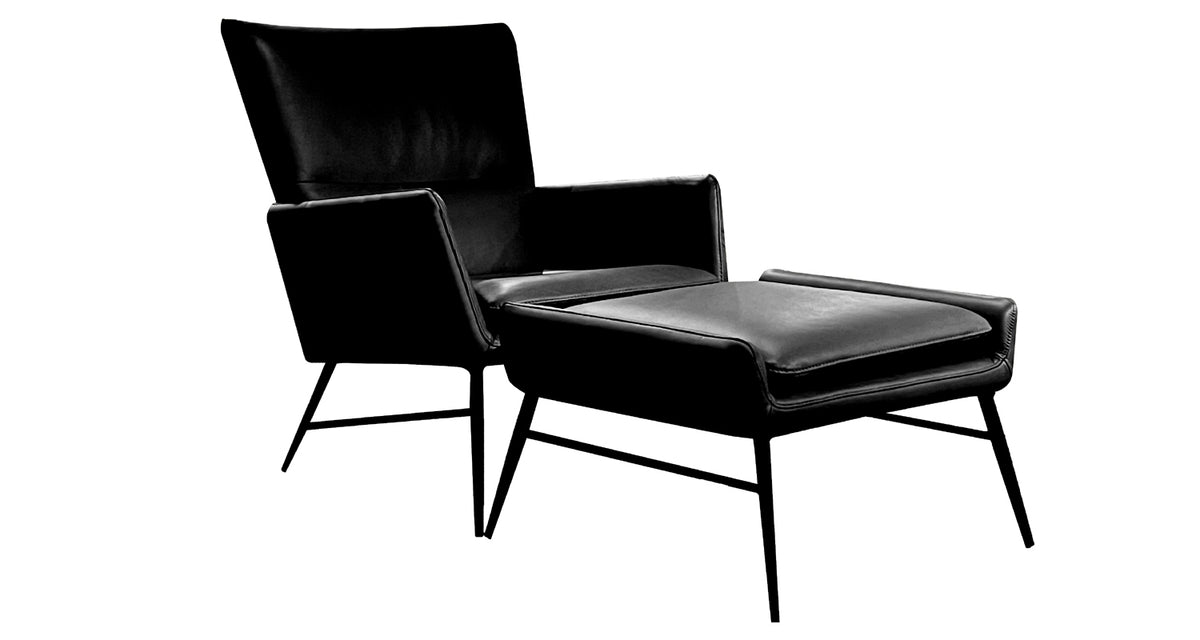 Morisson Ottoman by Mobital, showing angle view of morisson ottoman with chair.