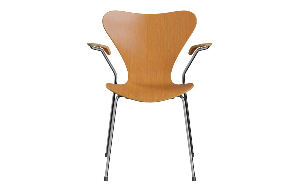 Series 7 Chair by Fritz Hansen - With Arm, Natural Veneer Wood Shell Group, Chrome Powder Coated Steel.