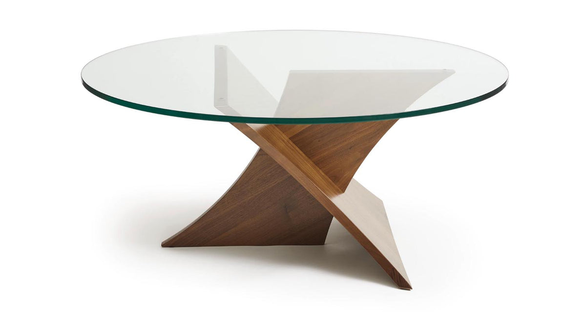Planes Round Glass Top Coffee Table by Copeland Furniture, showing front view of planes round glass top coffee table.