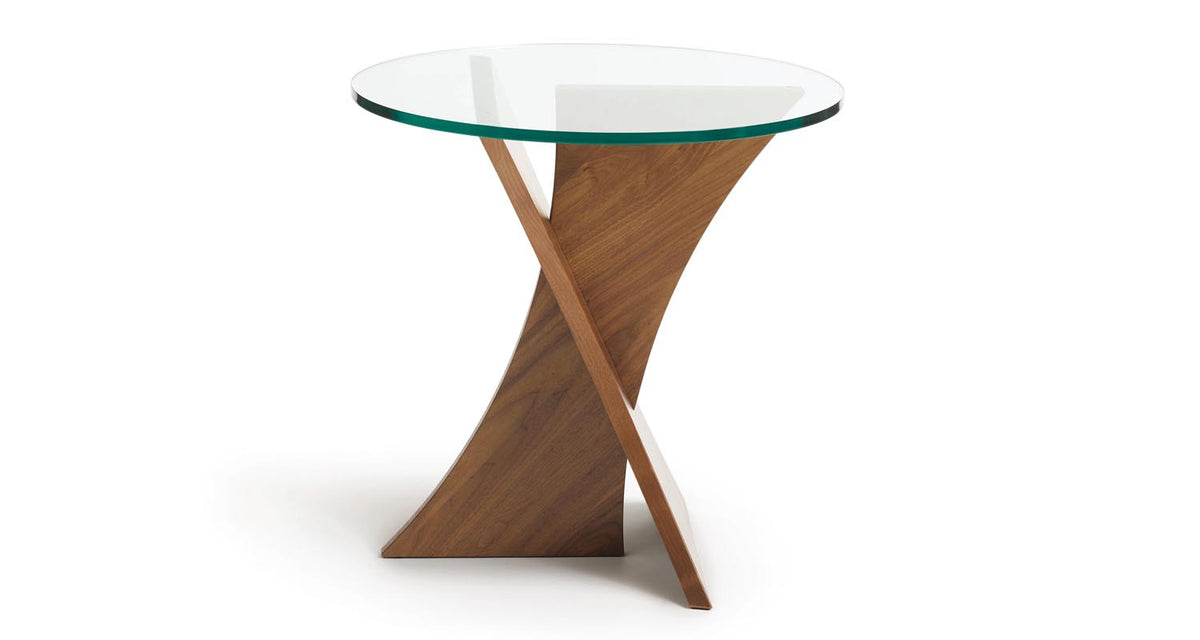 Planes Round Glass Top End Table by Copeland Furniture, showing front view of planes round glass top end table.