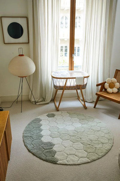 Planet Bee Washable Rug by Lorena Canals, showing planet bee washable rug in live shot.