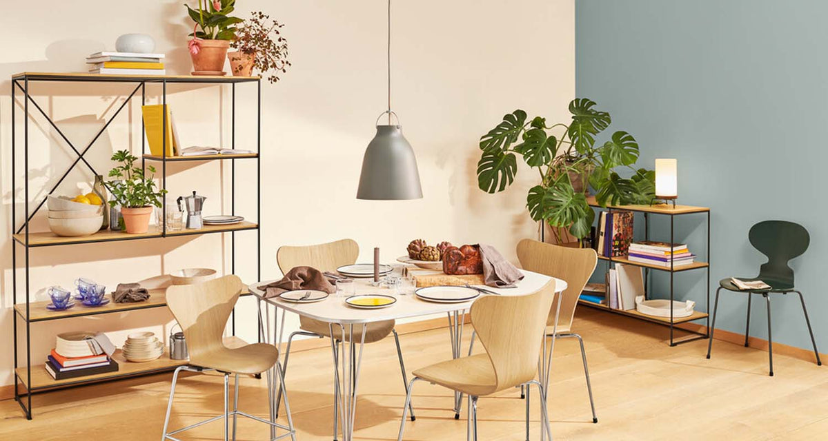Planner Shelving by Fritz Hansen, showing planner shelving in live shot.