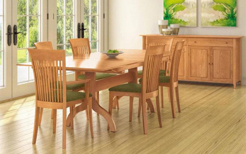 Sarah Trestle Extension Table with easystow extension and leaf storage by Copeland Furniture, showing sarah trestle extension table with easystow extension and leaf storage in live shot.