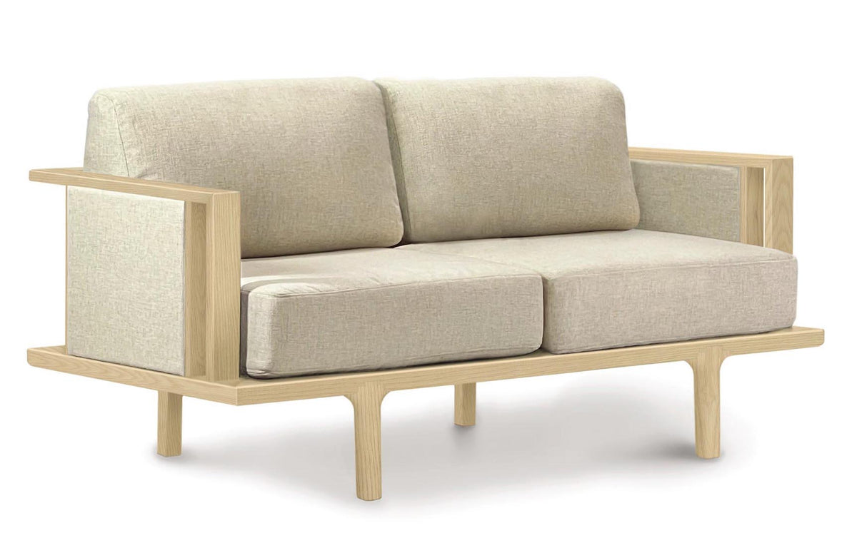 Sierra Seating and Occasionals Loveseat by Copeland Furniture - Upholstery Panel, Natural Oak, Wooly White Fabric.