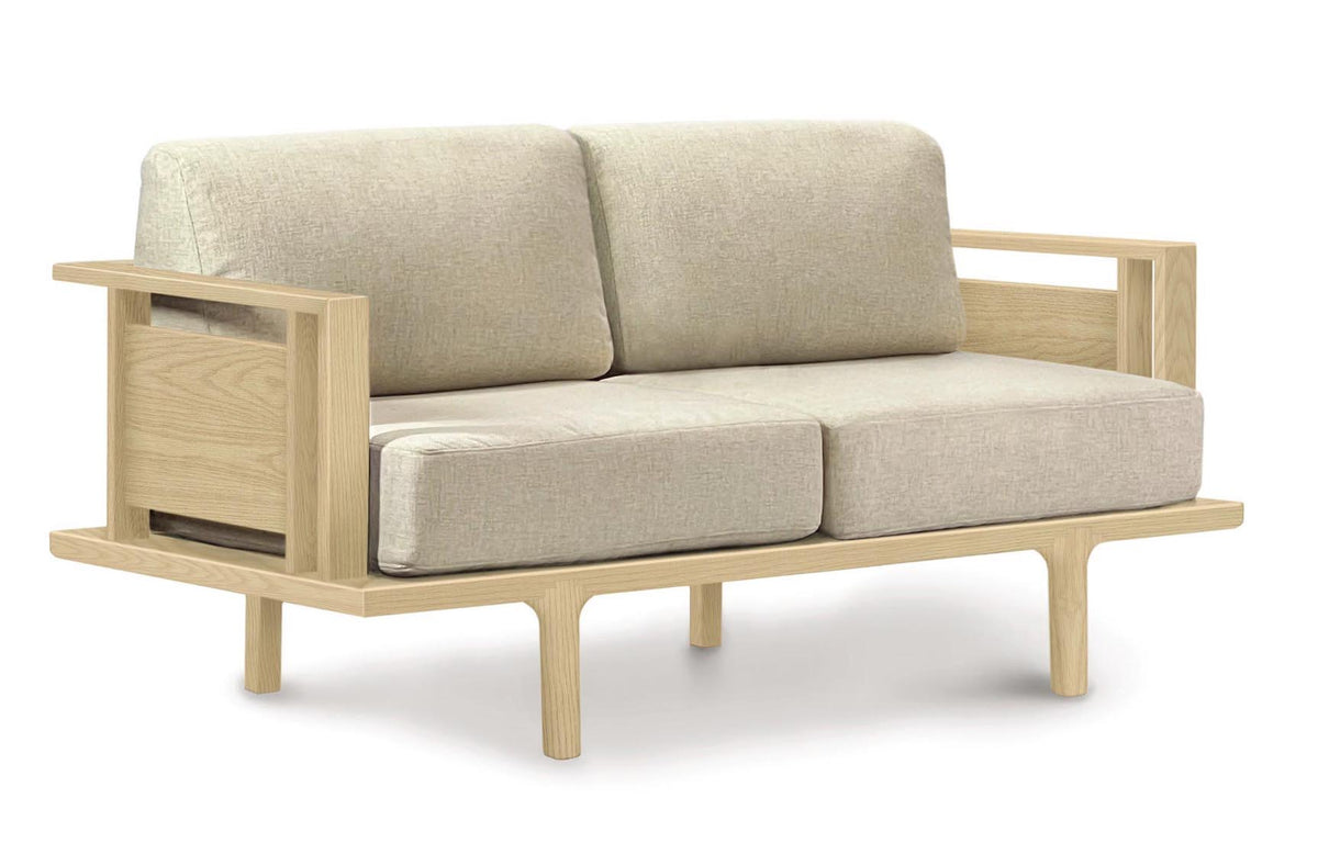 Sierra Seating and Occasionals Loveseat by Copeland Furniture - Wood Panel, Natural Oak, Wooly White Fabric.