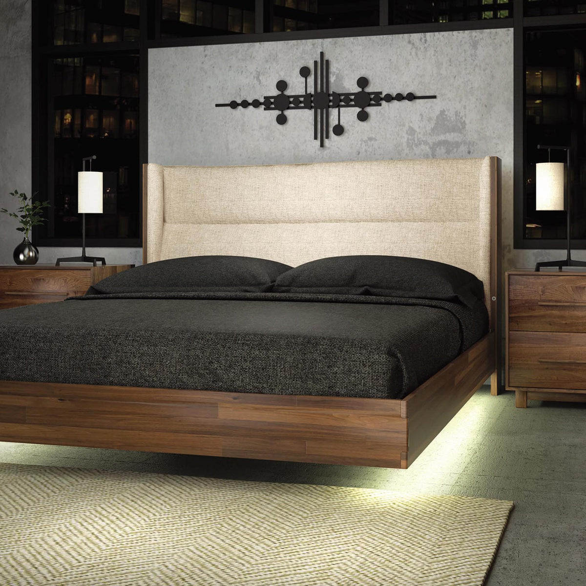 Sloane Floating Bed Upholstered Headboard - King by Copeland Furniture, showing sloane floating bed upholstered headboard - King in live shot.