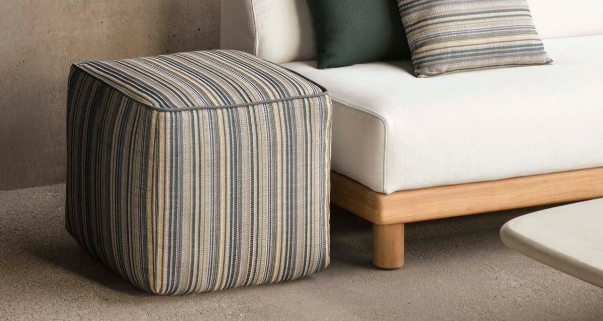 Zahara Outdoor Pouf by Ethnicraft, showing zahara outdoor pouf in the live shot.