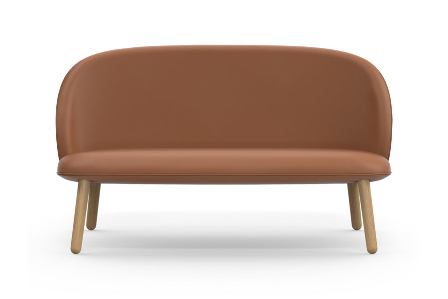 Ace Sofa by Normann Copenhagen, showing front view of ace sofa in lacquered oak wood/ultra leathers.